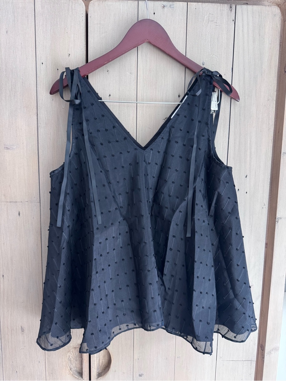 Black Tie-Shoulder Swiss Dot V-Neck A-Line Tank